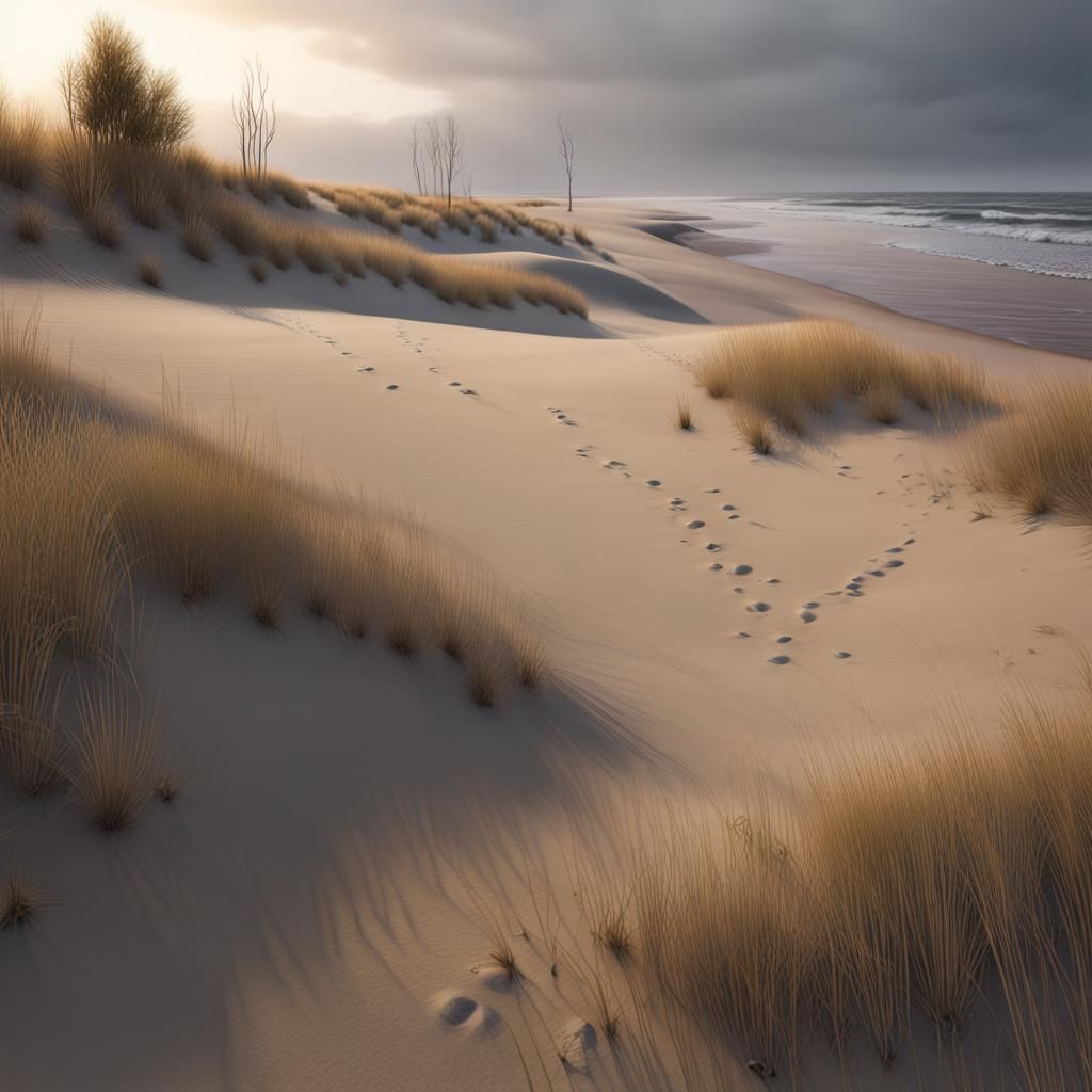 Gloomy Sunrise Over Dunes with Aspen Trees