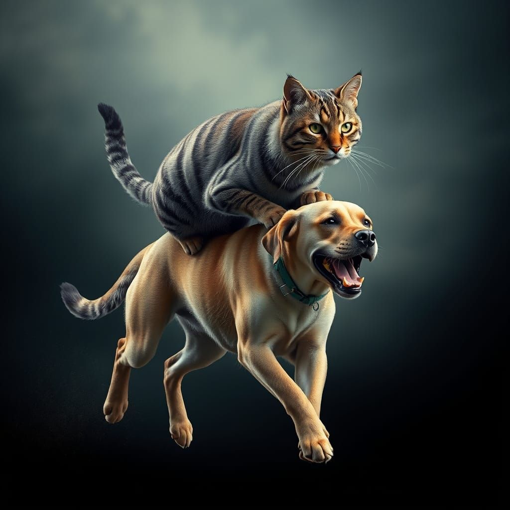 Majestic Wild Cat Rides Running Labrador in Hyperrealistic H...