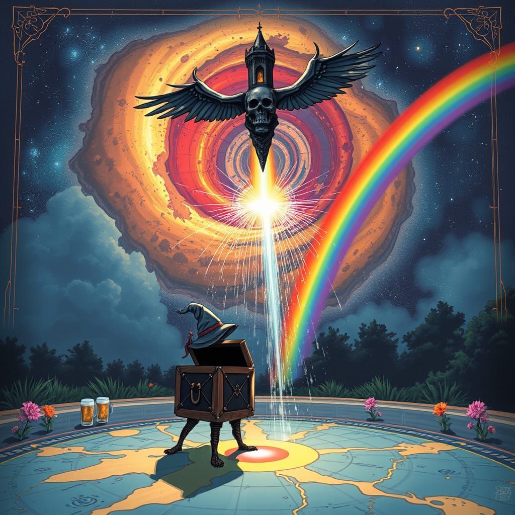 Discworld Wizard, Death, and Tower on Star Map