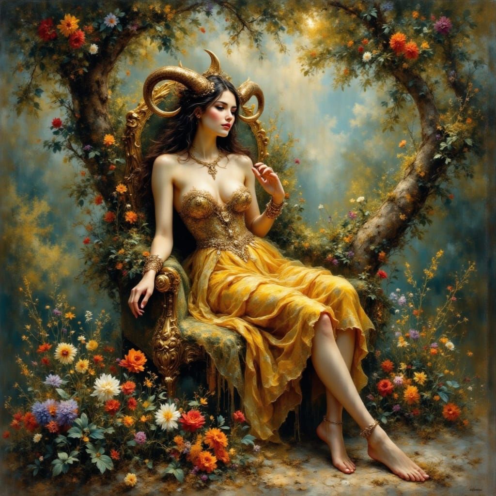 Horned Nature Goddess on Floral Throne