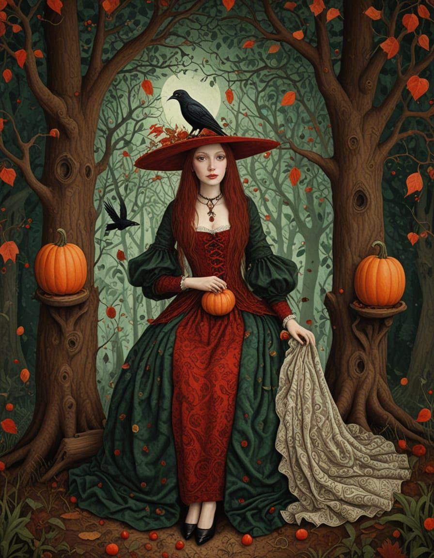 Whimsical Witch in Medieval Dress Holding Pumpkin