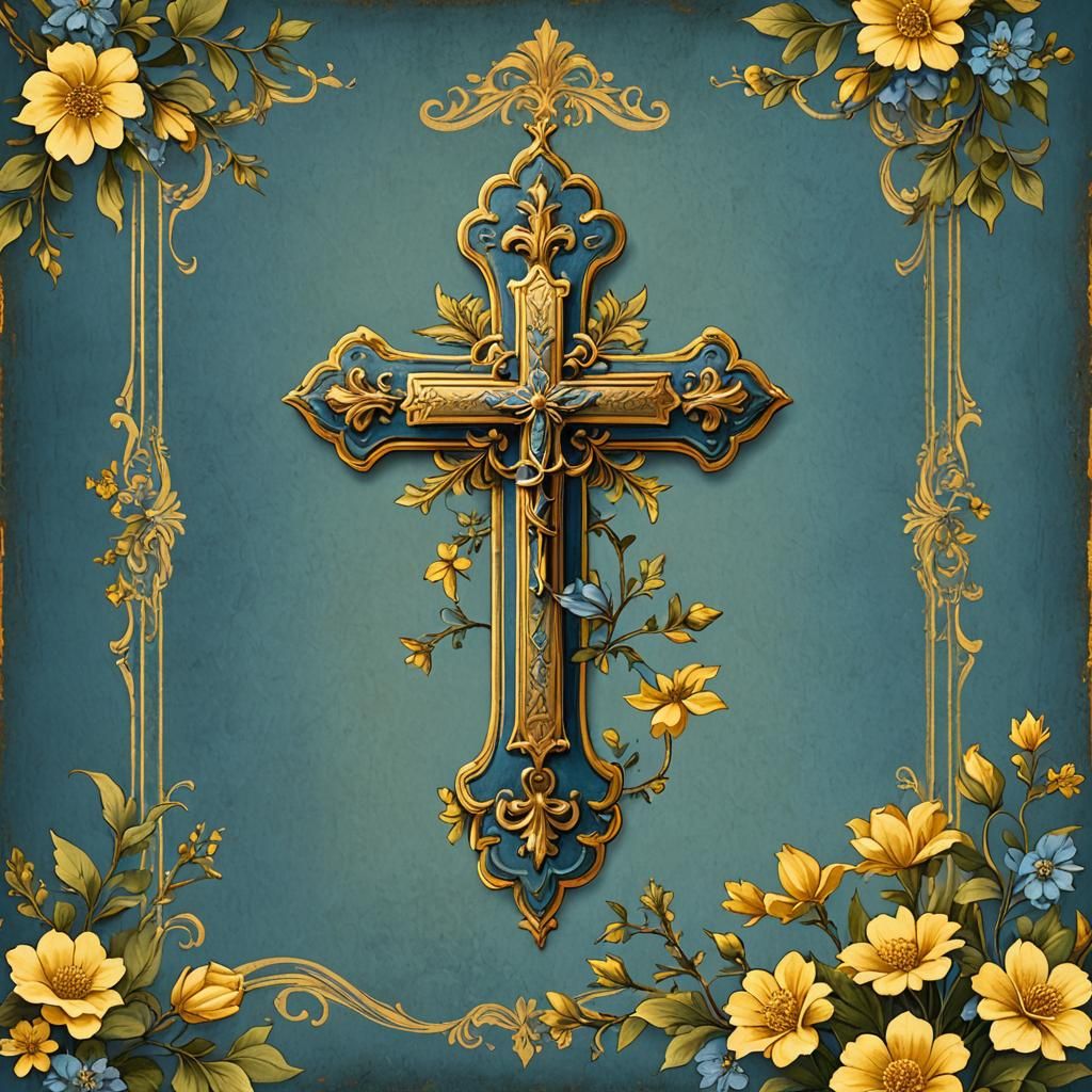 Blue Banner with Antique Yellow Cross and Flowers