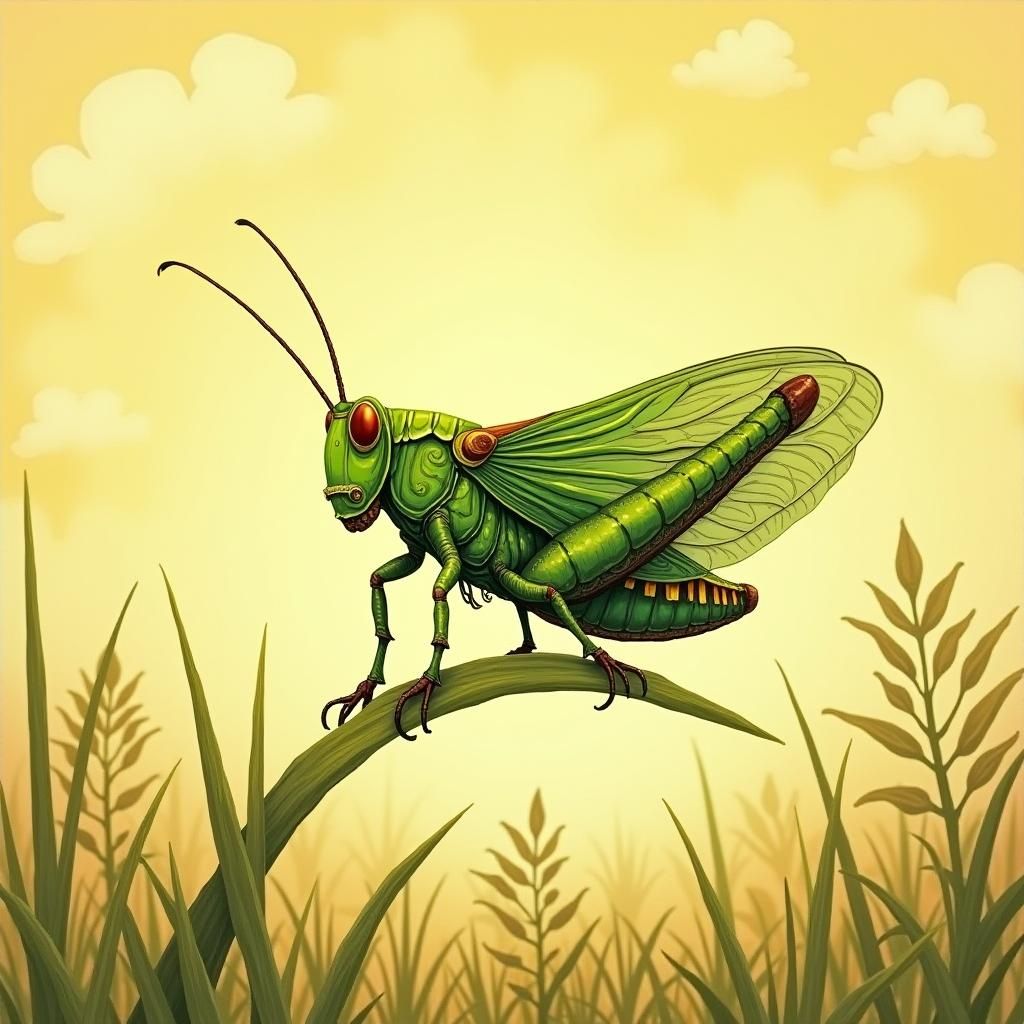 Vibrant Green Grasshopper in Whimsical Storybook Style