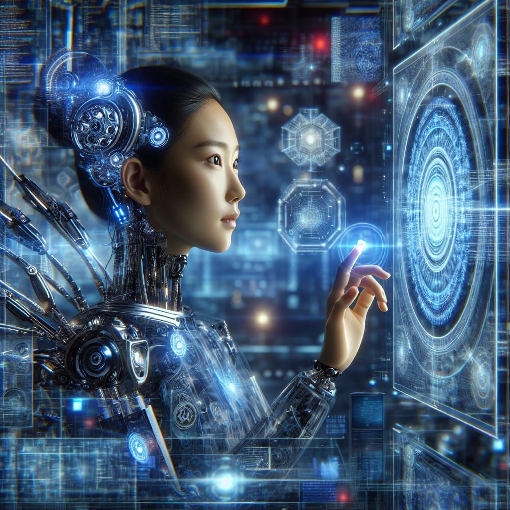Female Cyborg Initiates Singularity in Futuristic Cyberpunk