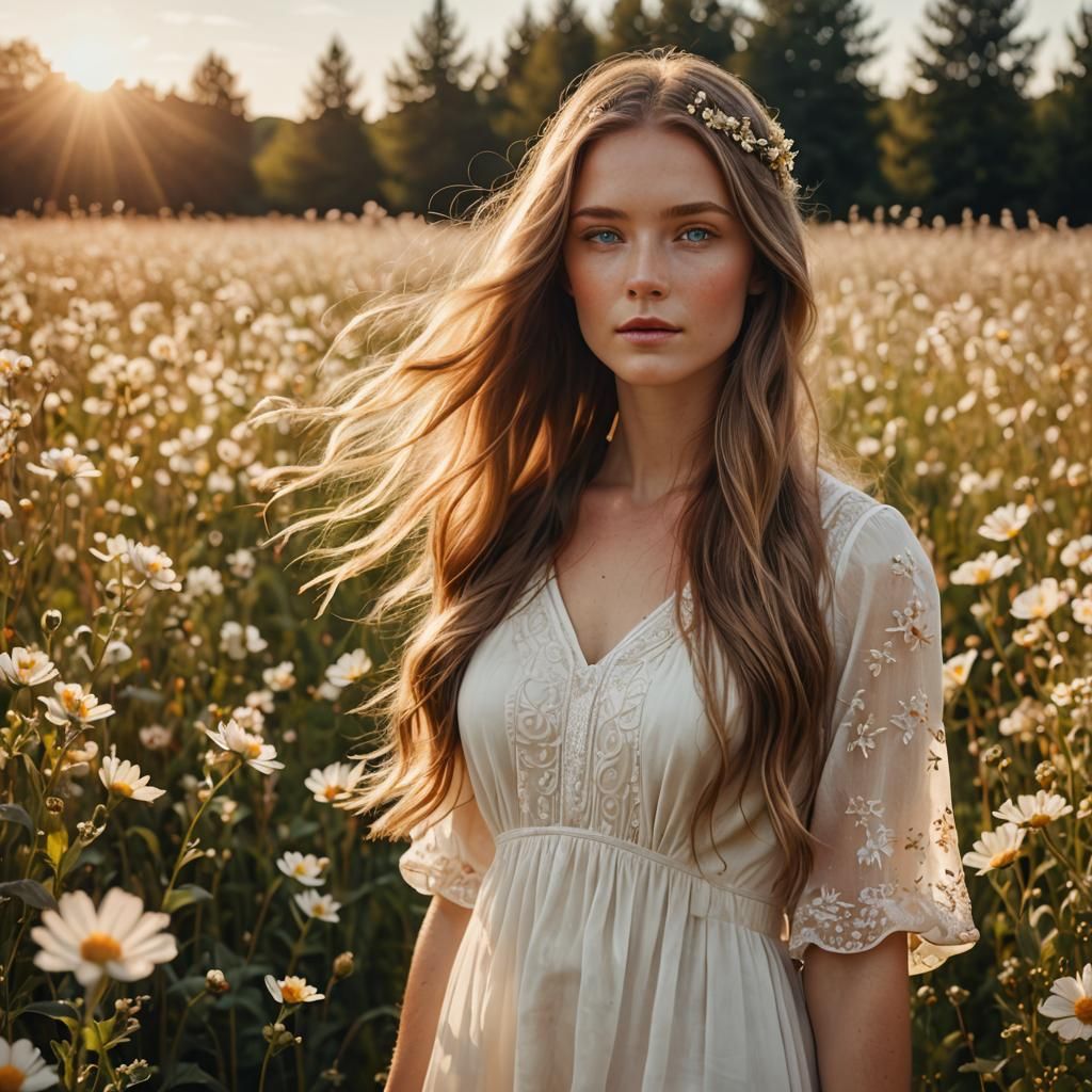 Woman in White Dress in Flower Field