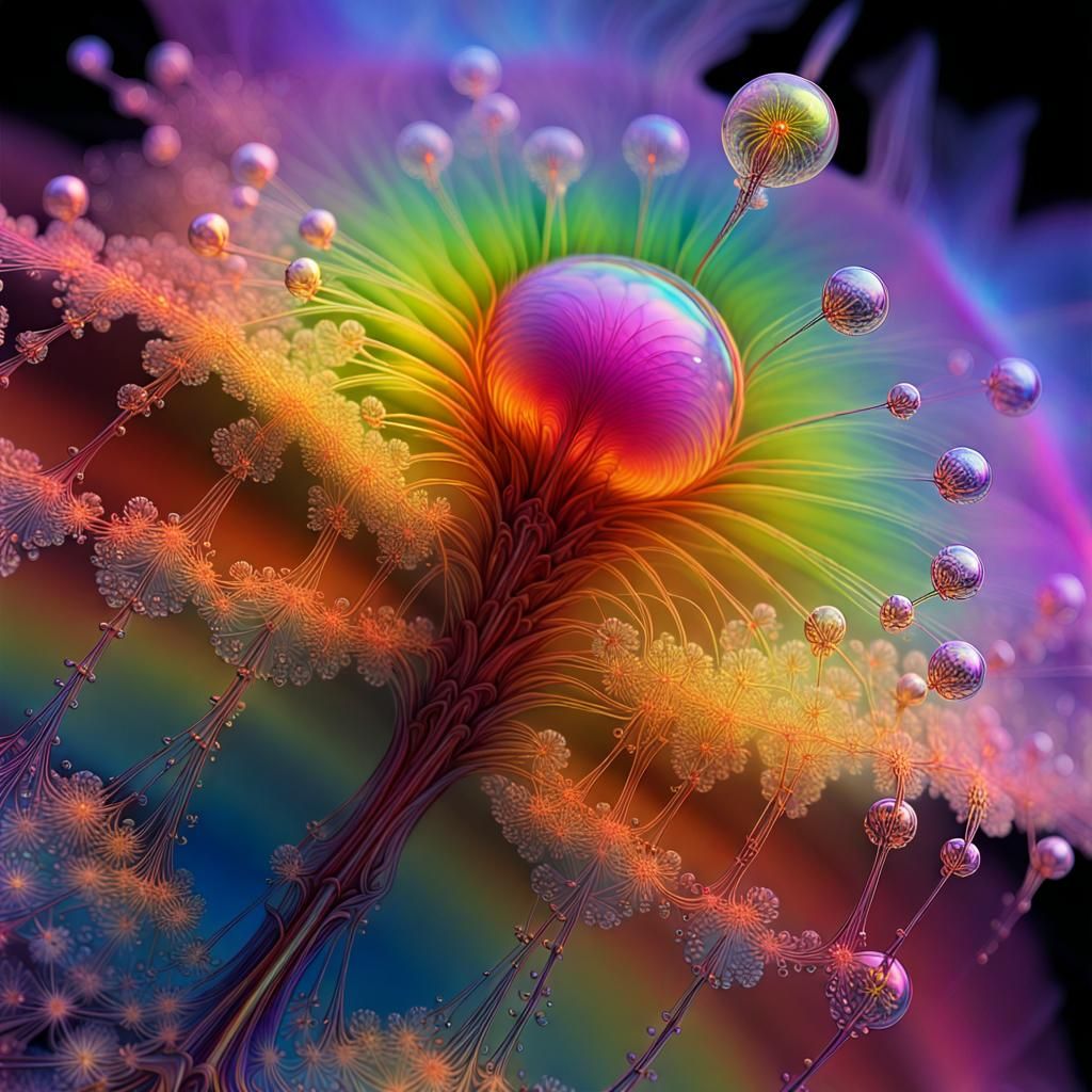 Fractal Rainbow Dew Bubble on Azalea Flower