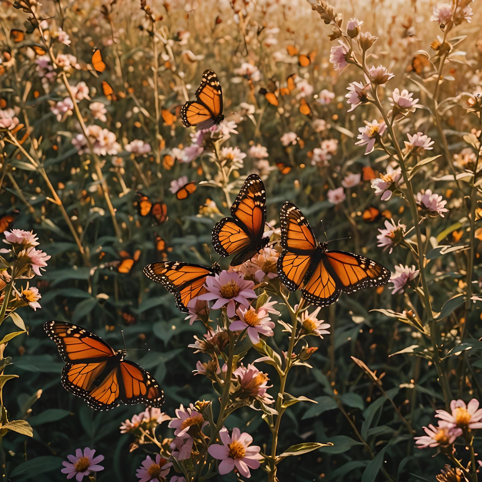 Monarch Butterflies in a Blooming Flower Field