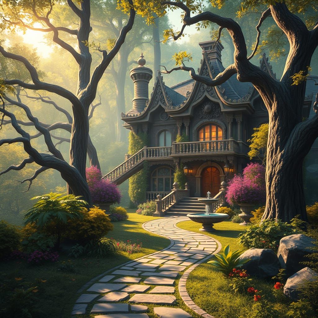 Serene Villa Amidst Lush Forest in Whimsical Style