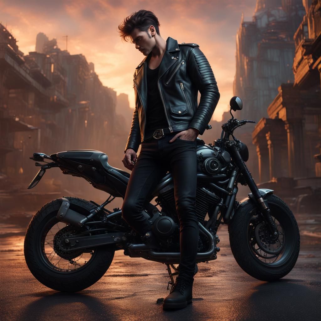 Hot Guy in Leather Jacket with Motorcycle, Detailed Matte Pa...