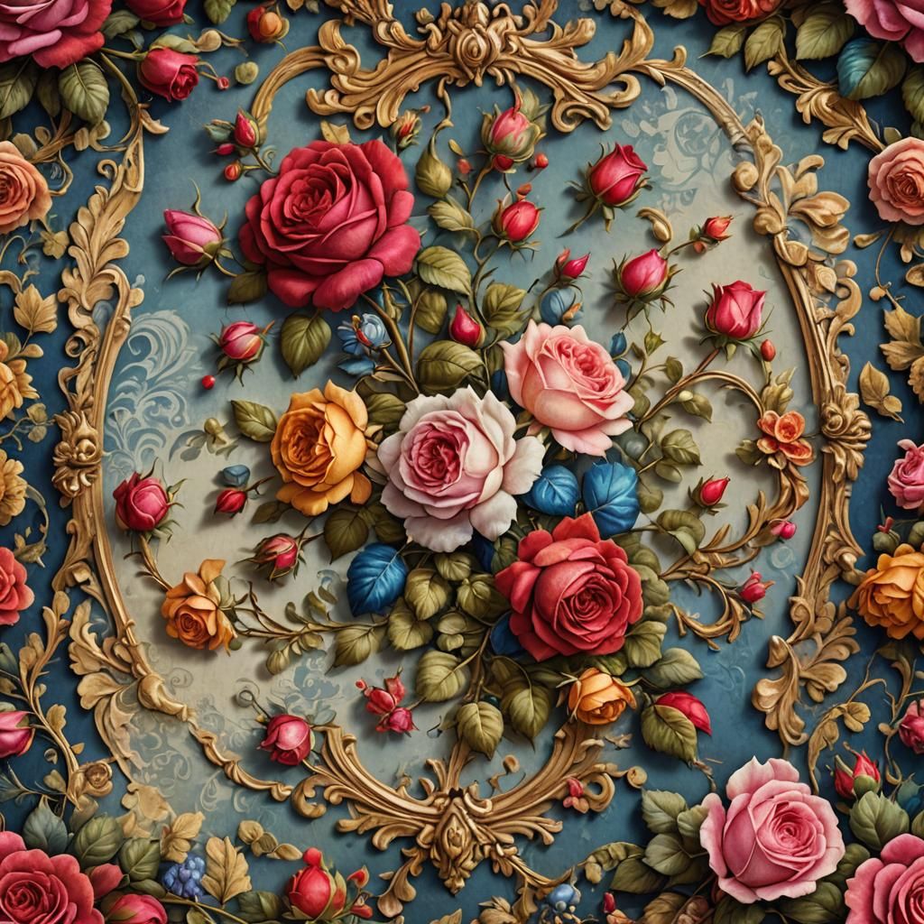 Baroque Roses on Decoupage Napkin in Detailed Painting