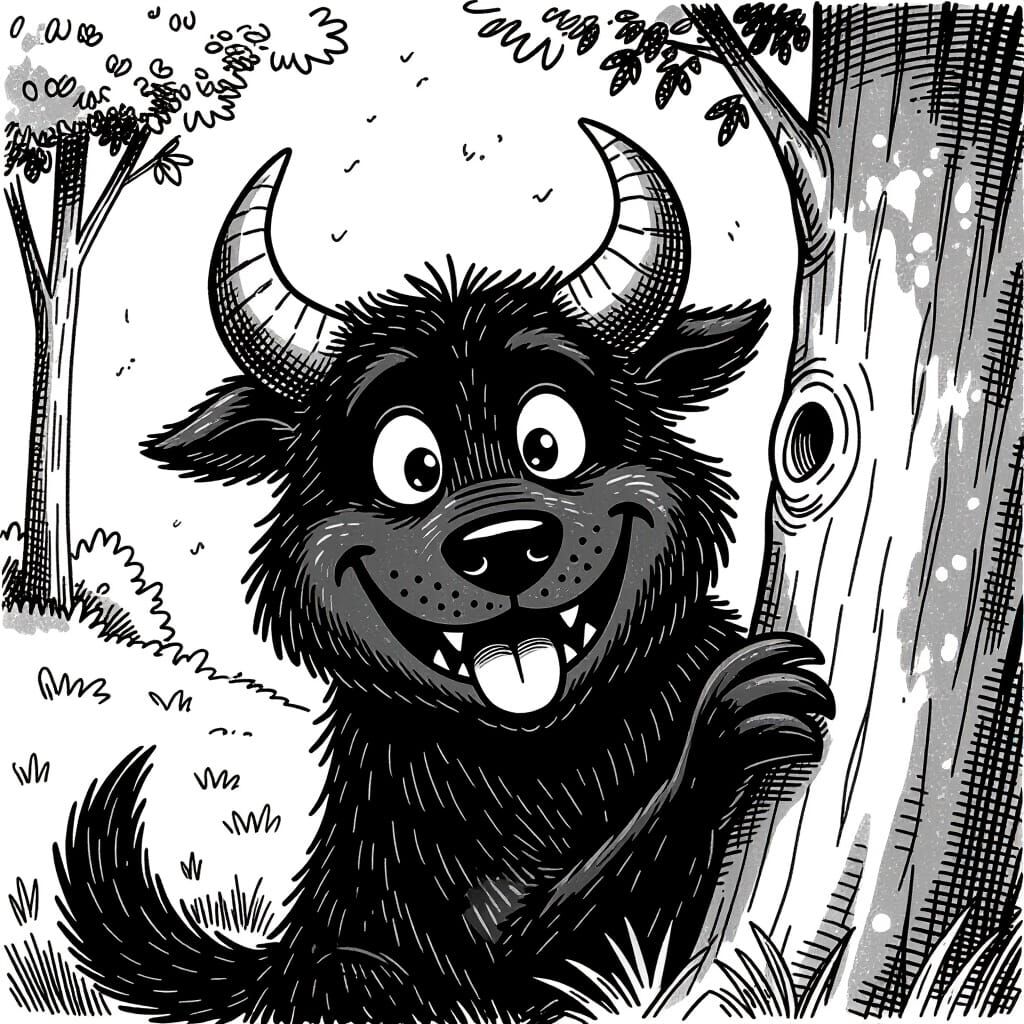 Horned Dog Creature Smiling in Ink Style