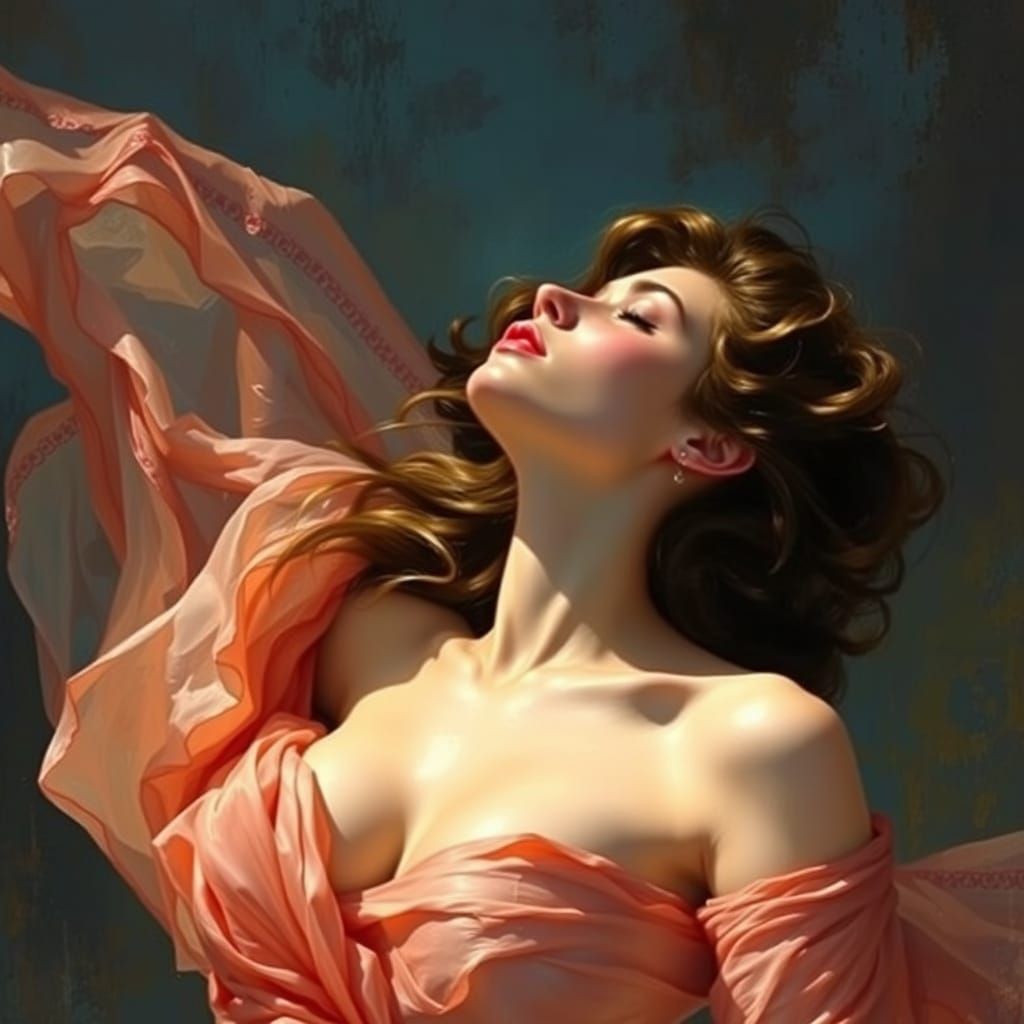 Brunette Woman in Passionate Reverie: Impressionist Gouache