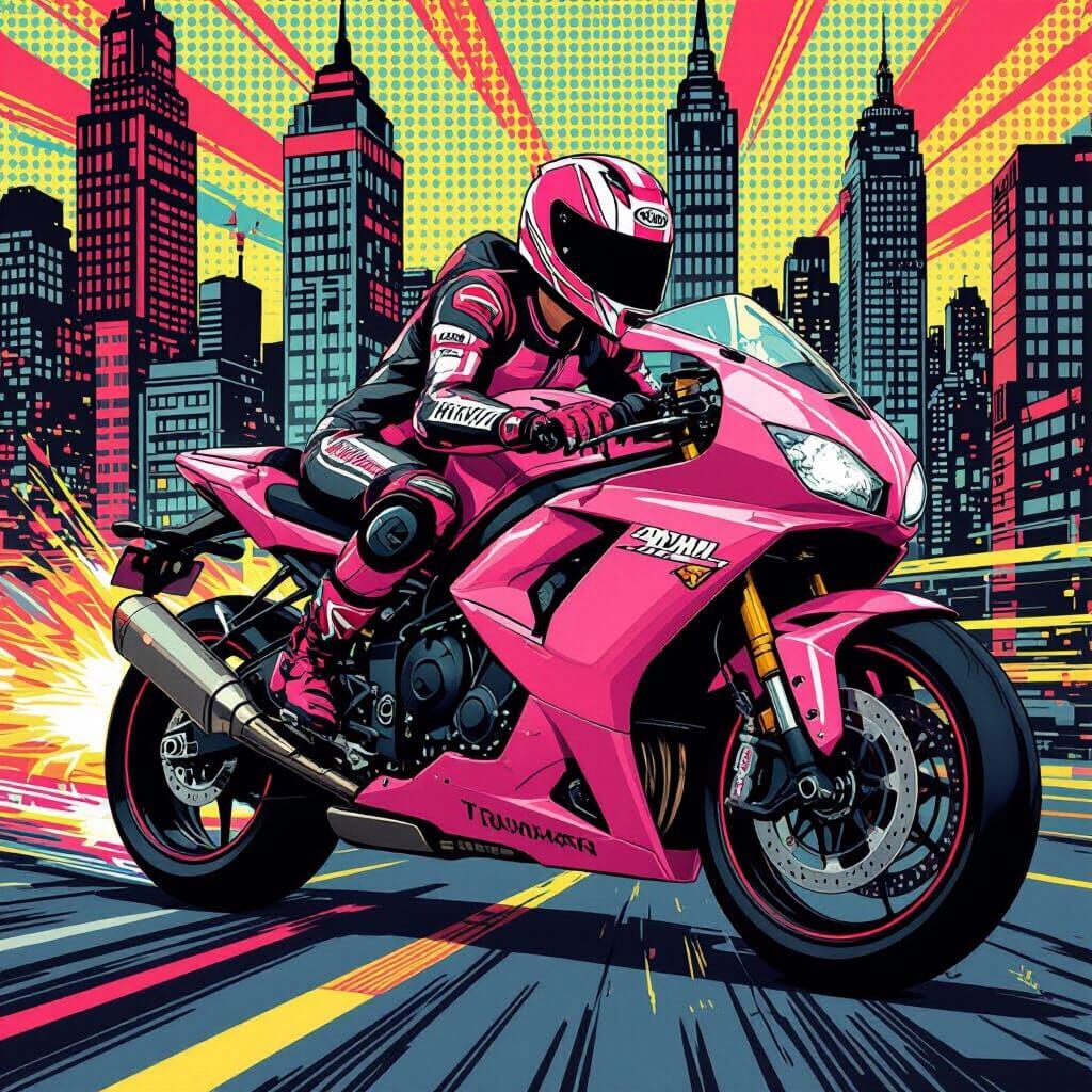 Pink Triumph Motorcycle in Pop Art Cityscape