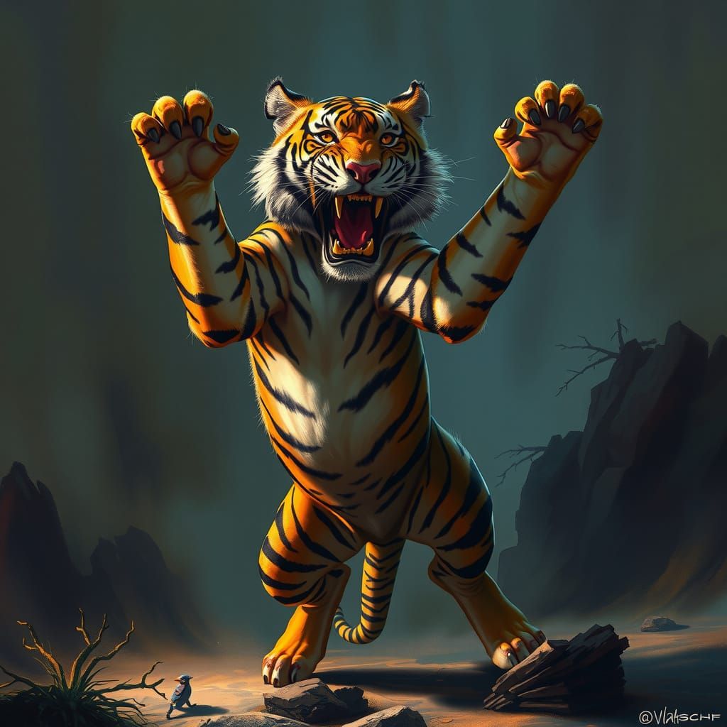 Majestic Tiger in Defensive Stance with Claws Out