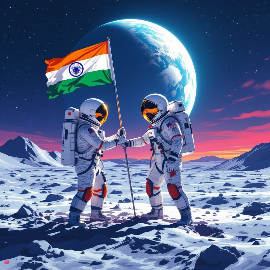 Astronaut Plants Indian Flag on Moon in Dystopian Realism
