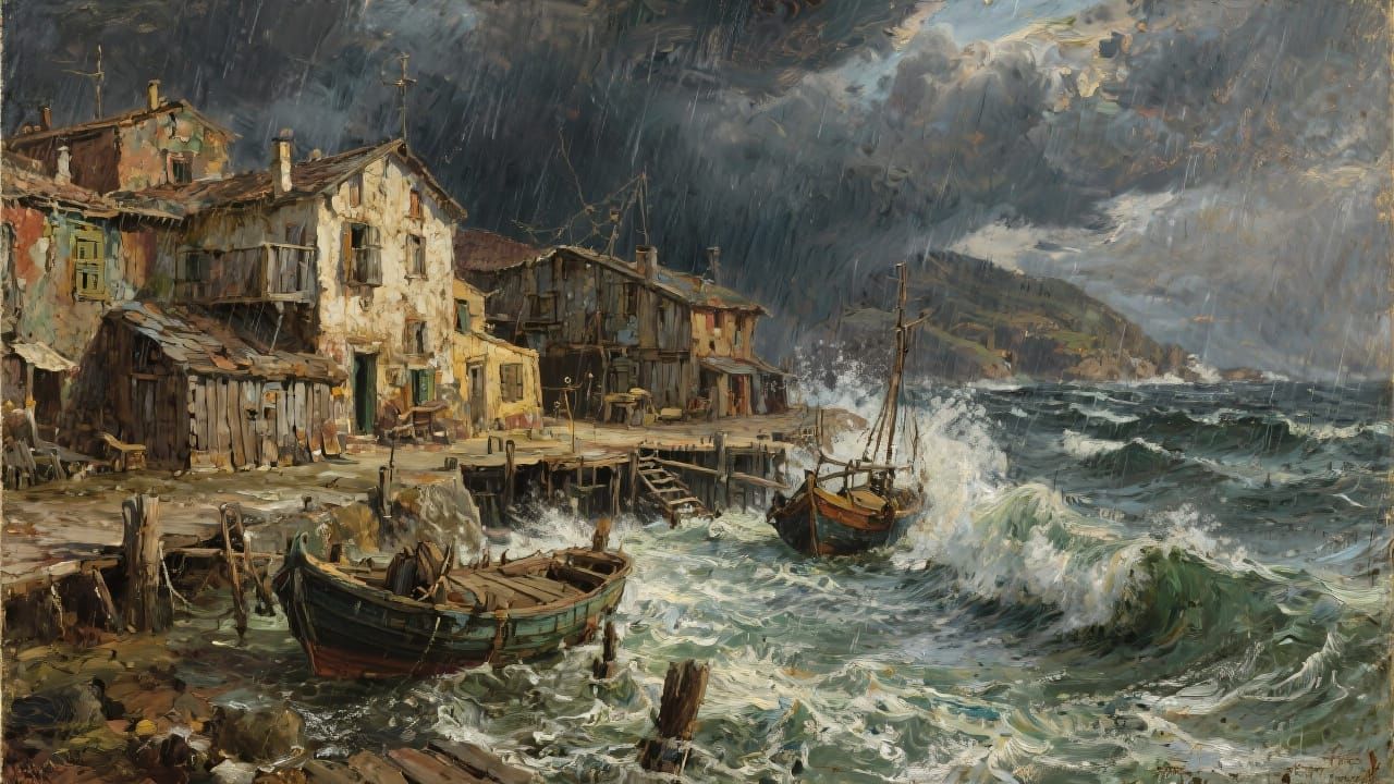 Stormy Coastal Village in Painterly Style