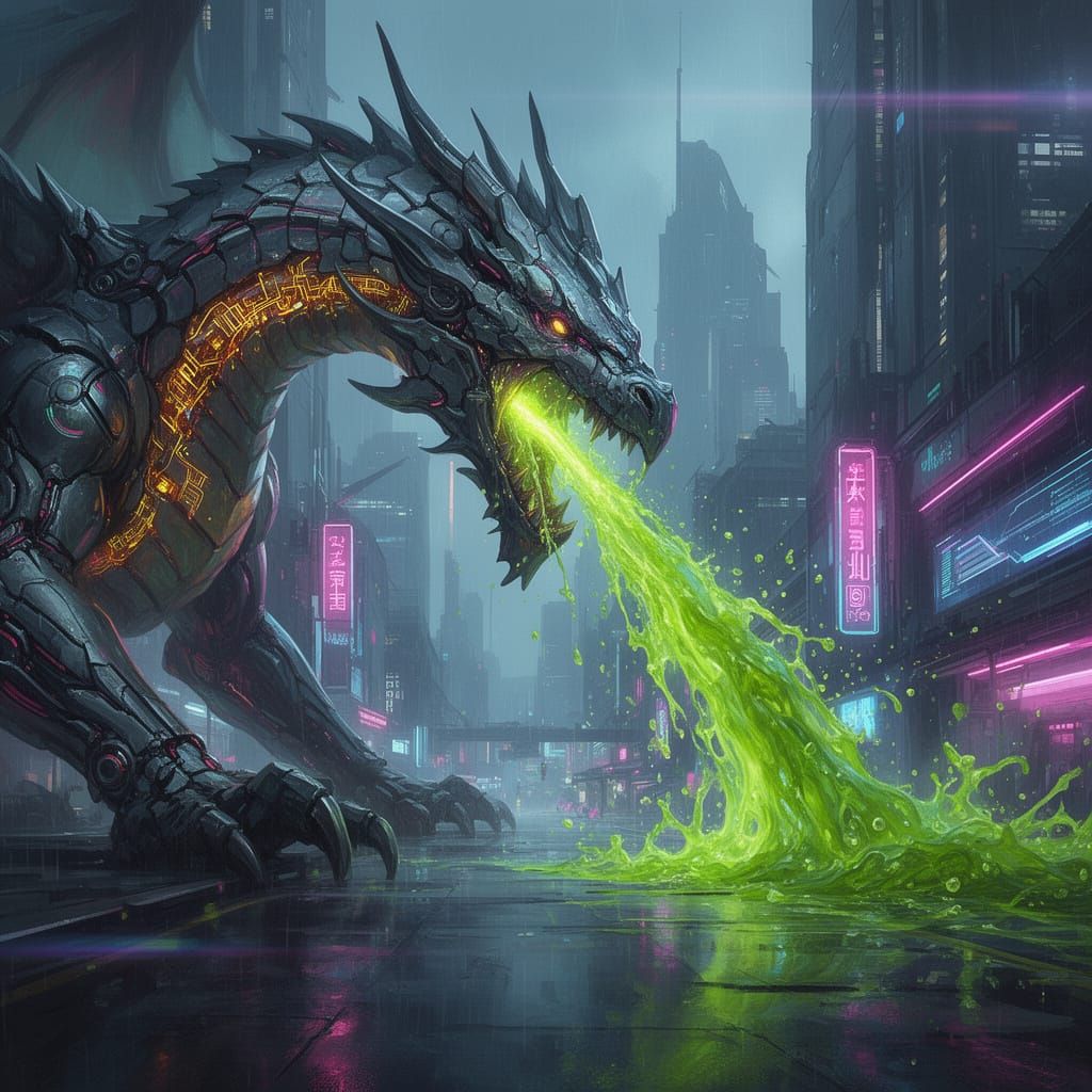 Cyber Dragon Spewing Acid in Futuristic Cityscape
