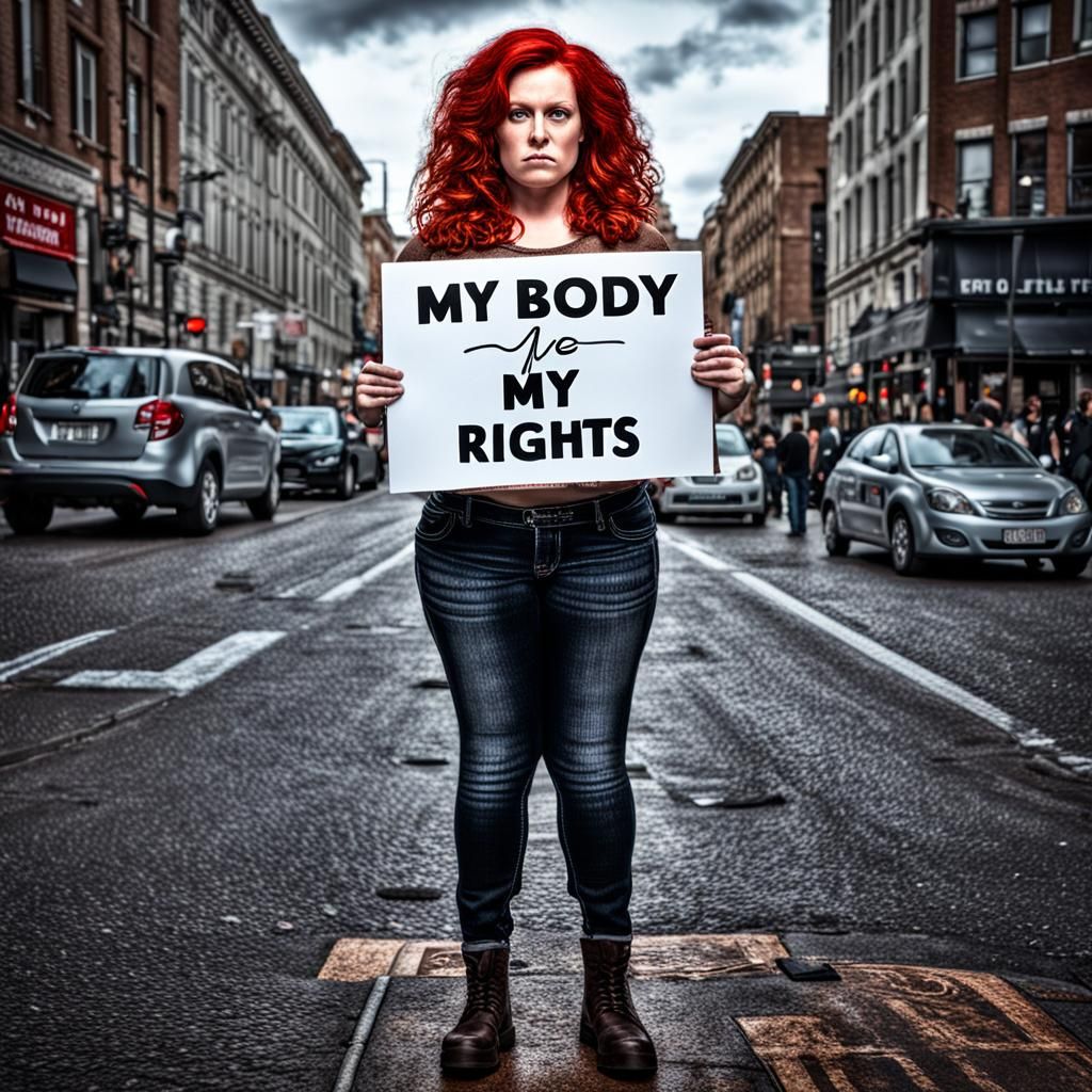 Voluptuous Woman Holding Sign: "My Body, My Rights"
