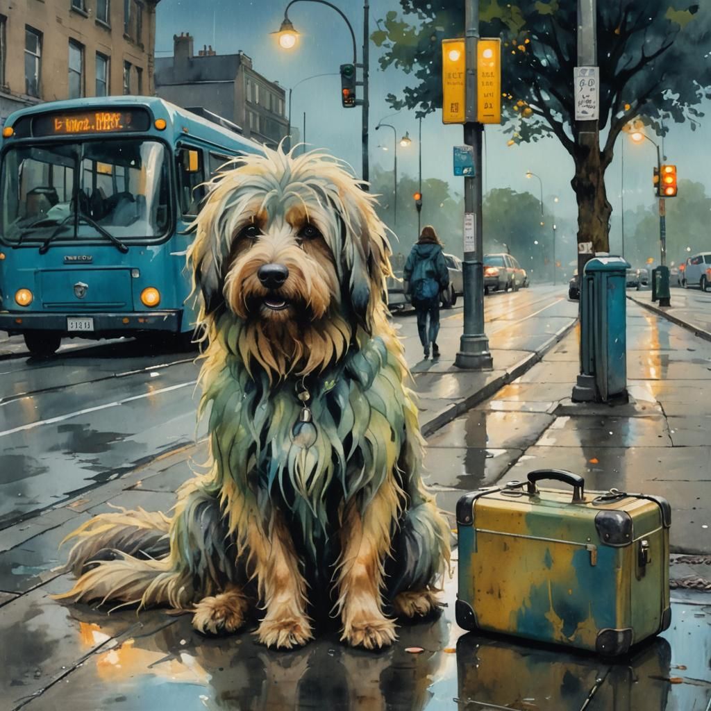 Dog and Owner at Bus Stop in Street Art Style