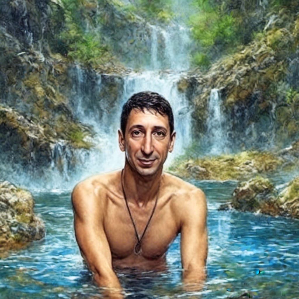 Anime Swimmer Portrait with Waterfall and Pixies