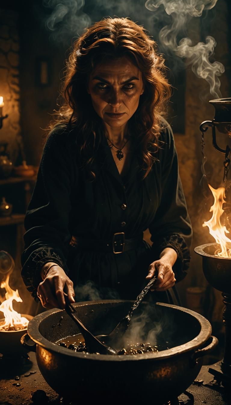 Witch Over Cauldron: A Cinematic Film Still