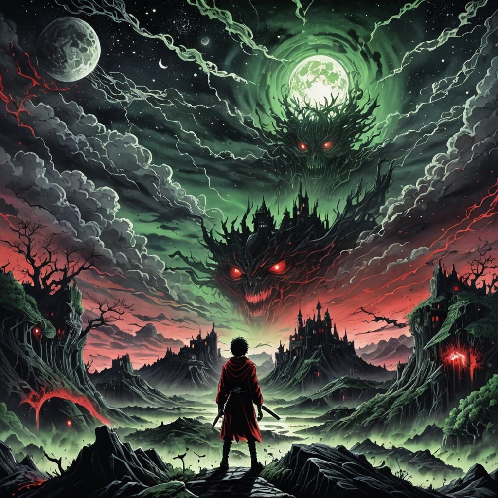 Eldritch Warrior in Monochromatic Anime Style