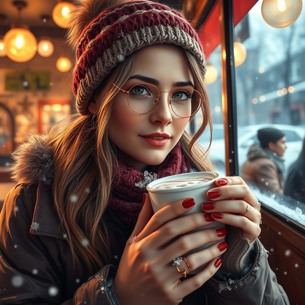 Young Woman Enjoys Hot Cocoa in Detailed Cafe Portrait