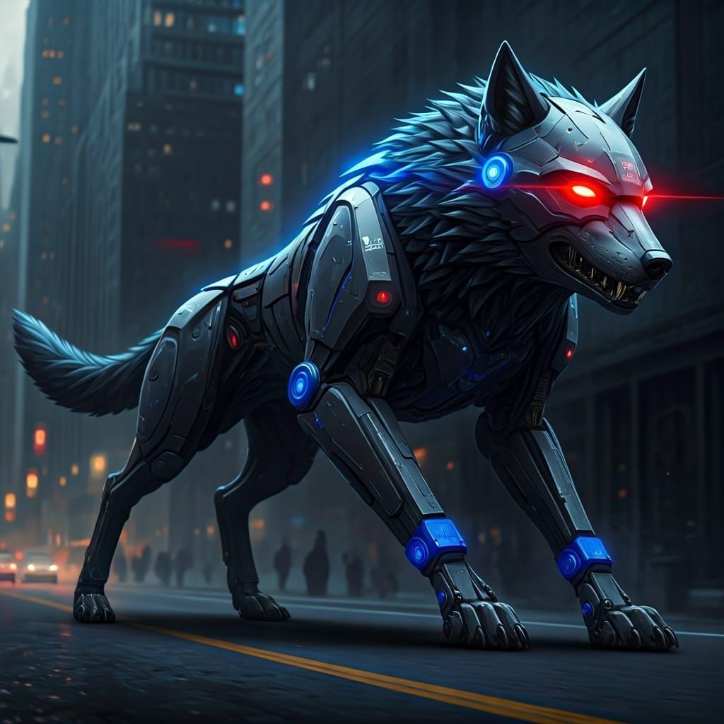 Cybernetic Police Wolf Sprints Through City in Biomechanical...
