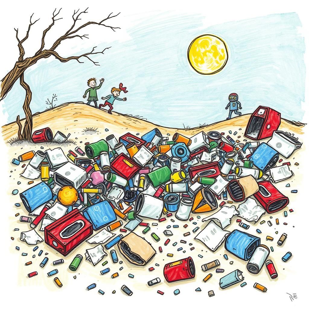 Whimsical Garbage Landscape in Crayon Style