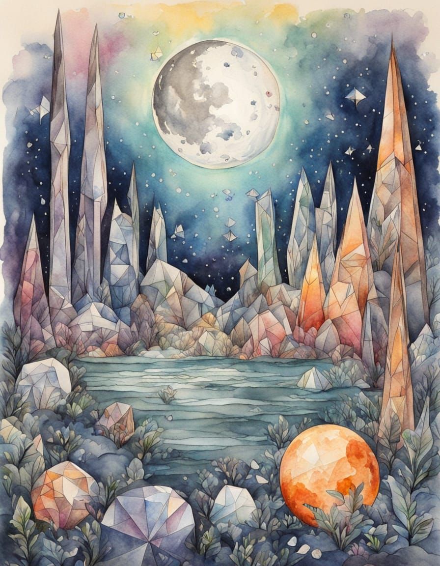 Moonscapes with Tarot Crystals in Watercolor Pencil