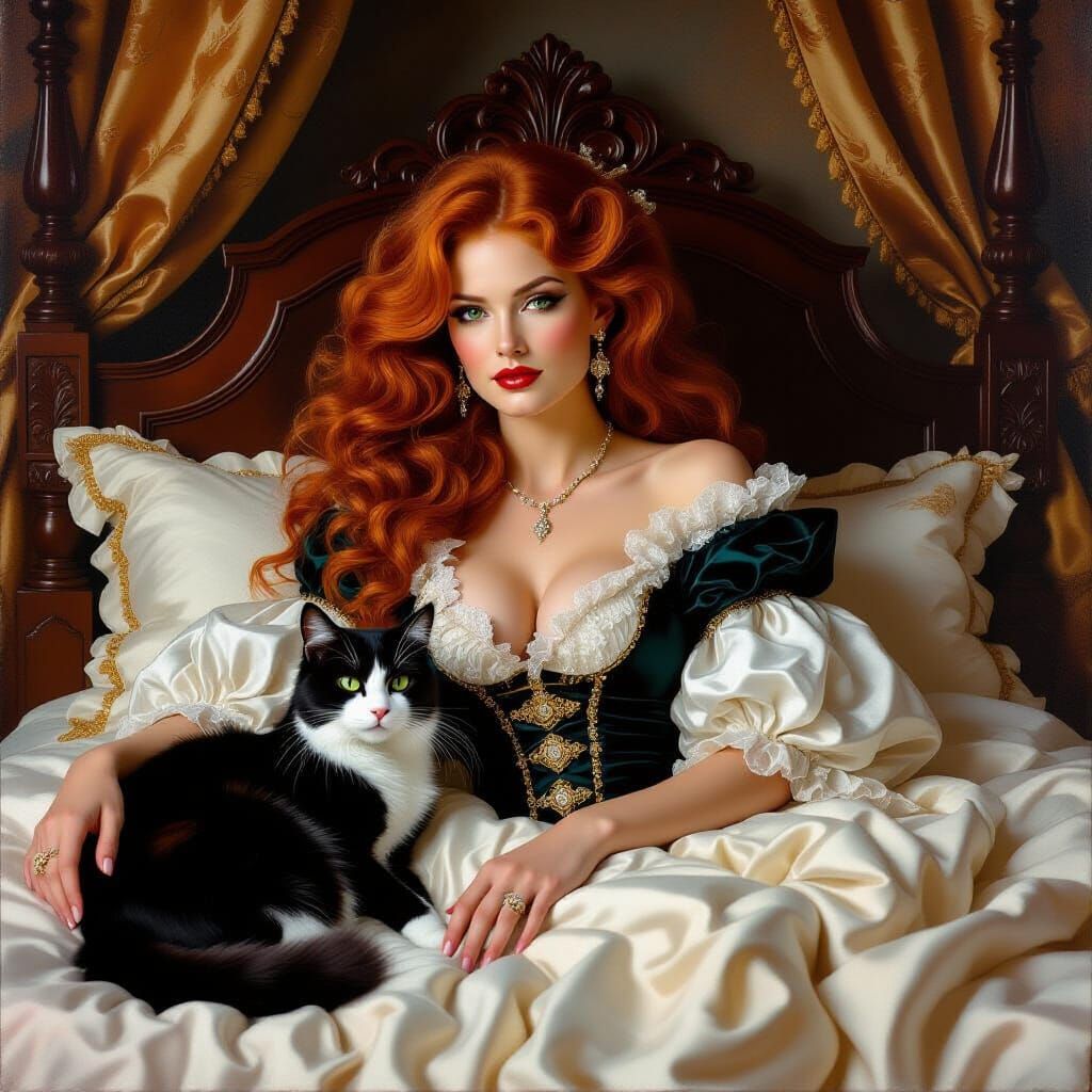Woman with Cat in Opulent Bed: Classic Painting Style