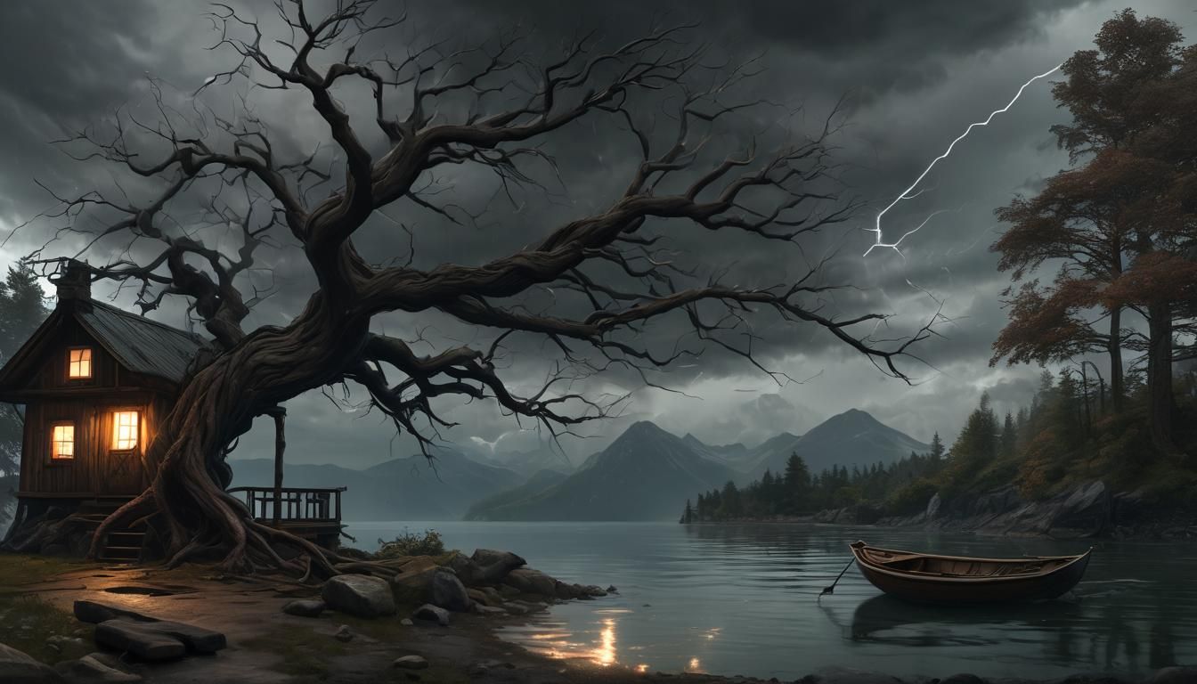 Stormy Lakeside Tree: Dark Fantasy Concept Art