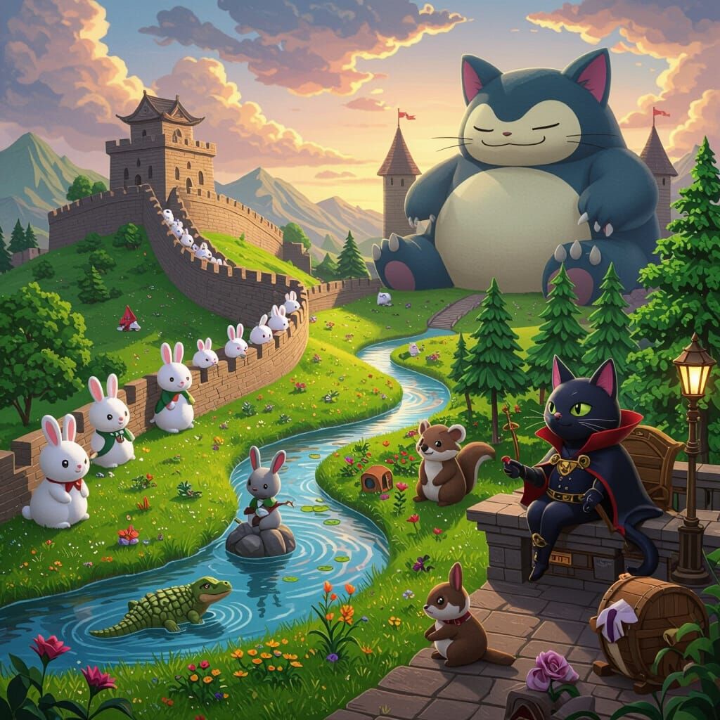 Whimsical Dark Fantasy: Bunny Wall & Snorlax Fortress