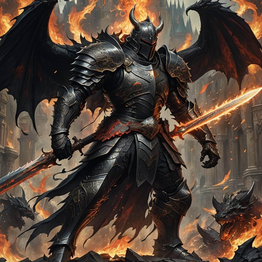 Dark Fantasy Black Knight Charging Dragon: Gothic Art
