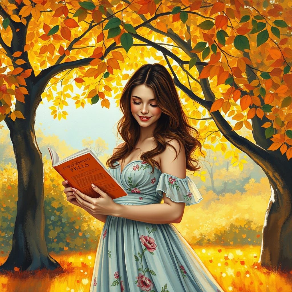 Woman Reading Under Autumn Tree in Gouache and Watercolor
