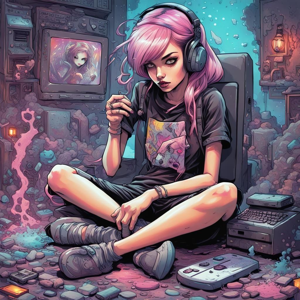 Pastel Goth Gamer Girl Graffiti Art