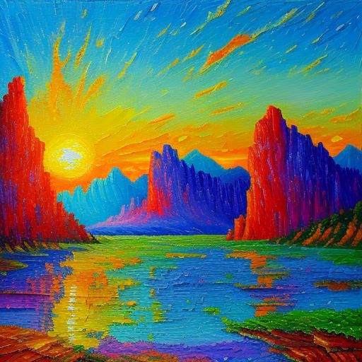 Prehistoric Animals at Sunset: Expressionist Oil Painting