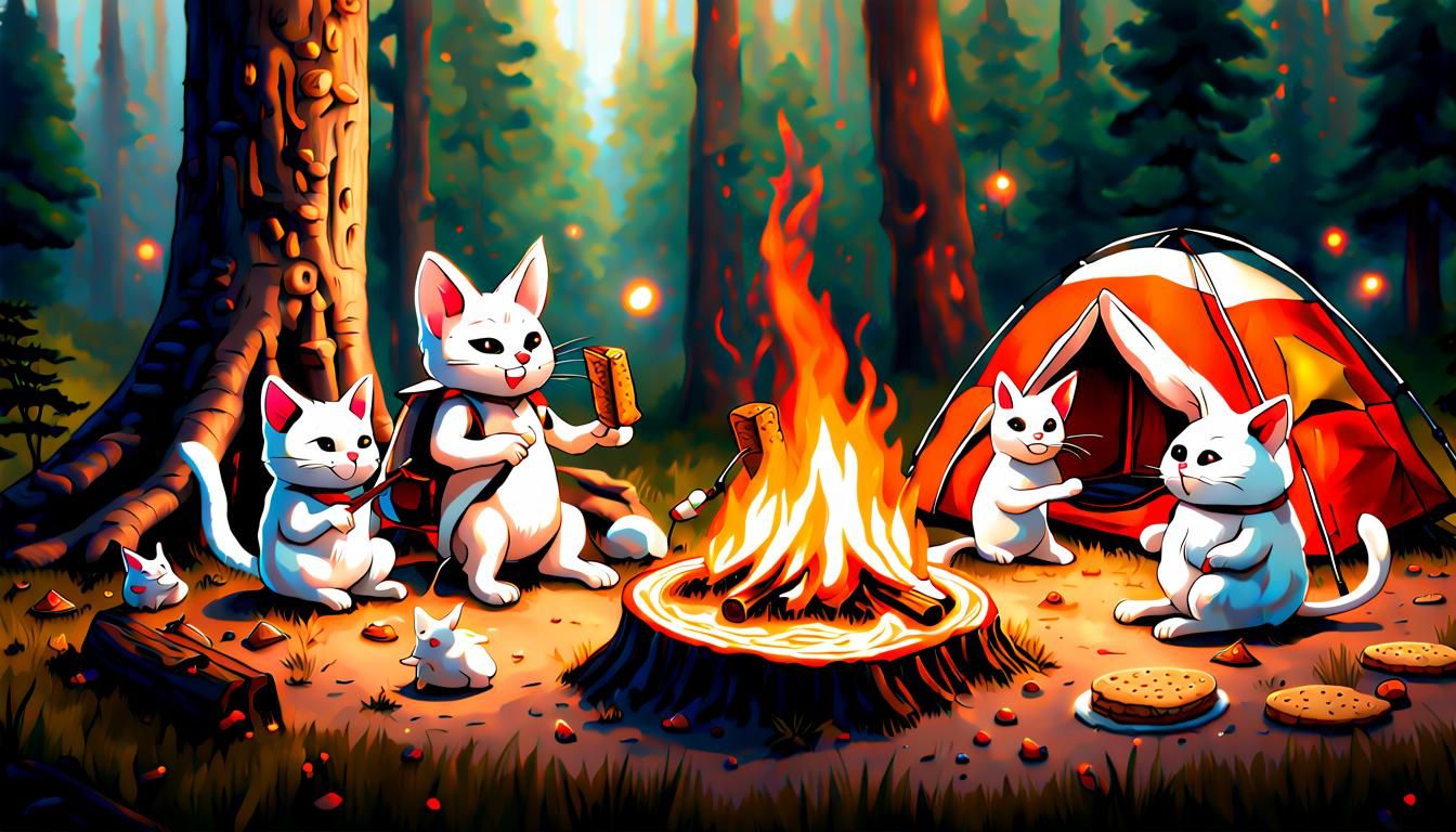 Moogle Cats Camping: Hyperrealistic Mushroom Scene