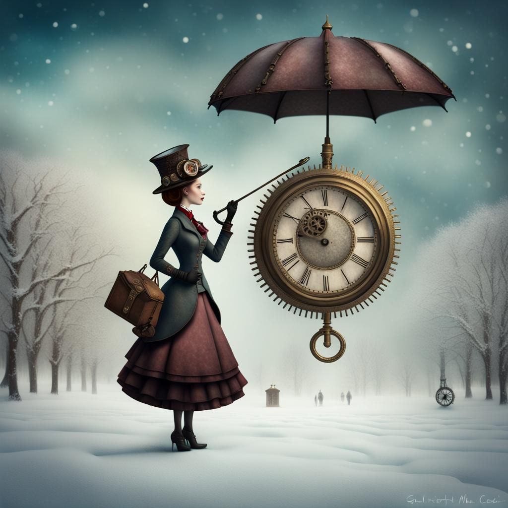 Steampunk Mary Poppins in Snowy Dreamscape