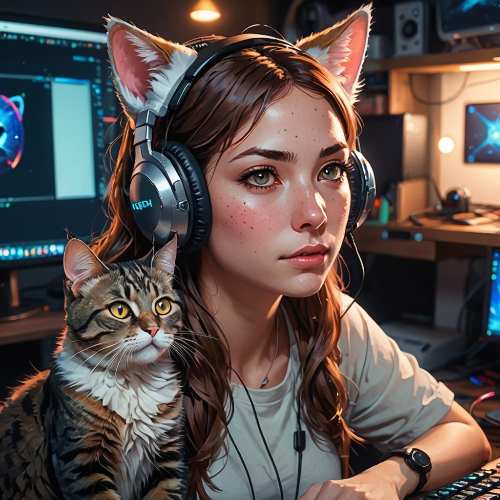Flustered Gamer with Cat Ear Headset in Digital Painting