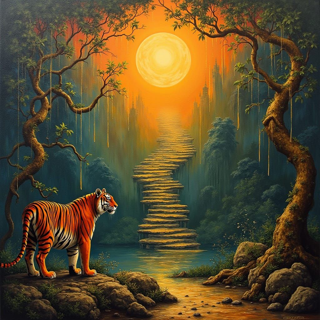 Surreal Jungle Tiger in Oil-Textured Surrealism Style