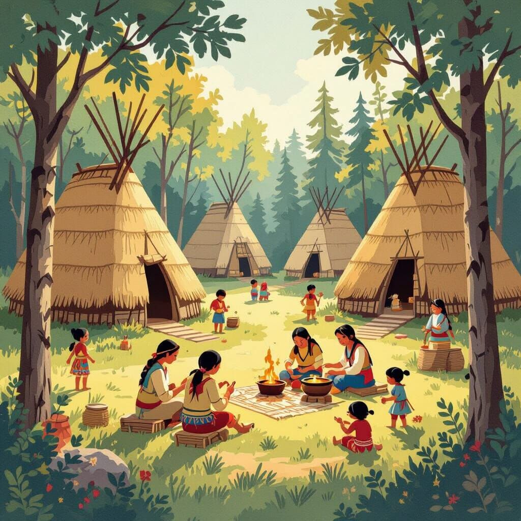 Iroquois Village in 1940s Embroidery Illustration