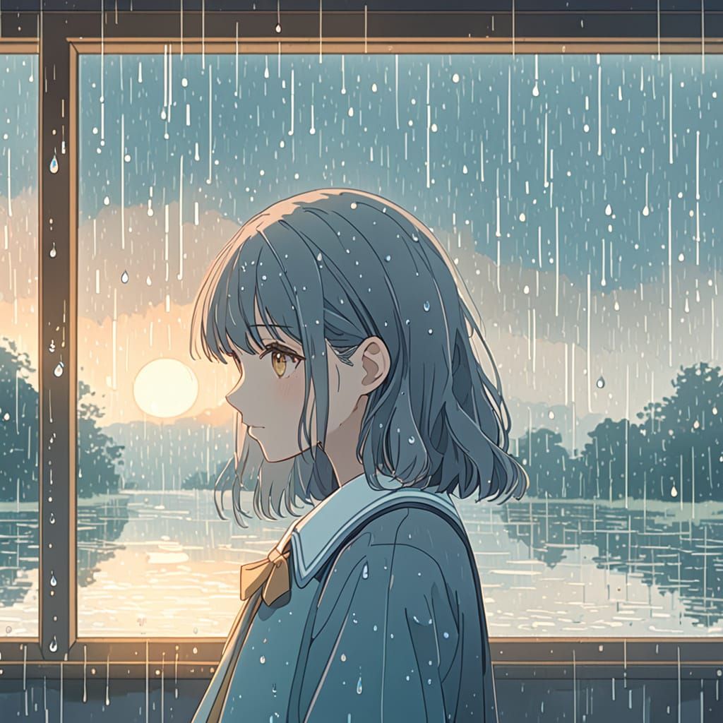 Rainy Window Moment in Moe Anime Style
