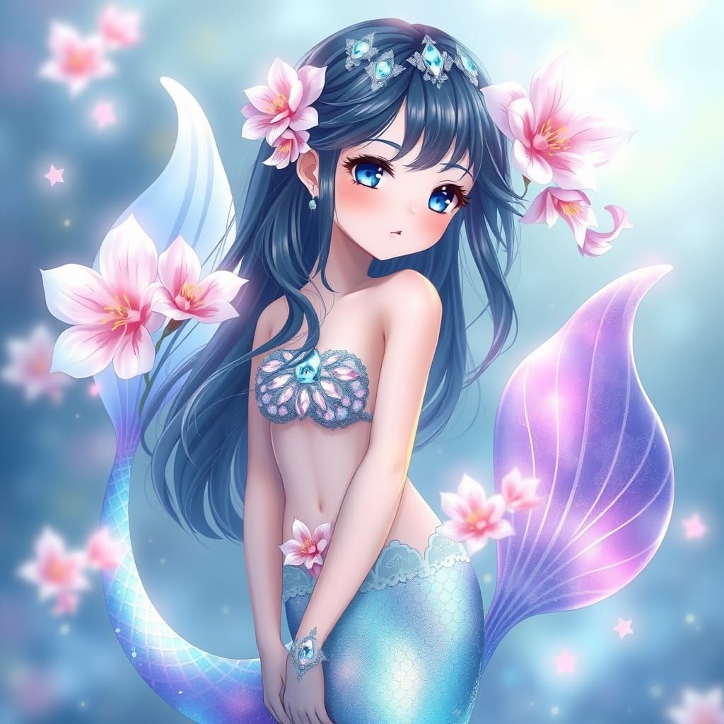 Realistic Anime Mermaid with Shimmering Tail and Blooming Fl...
