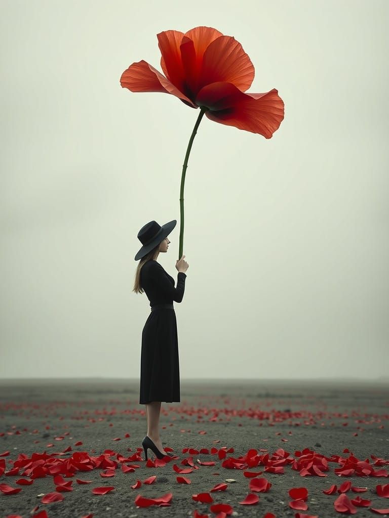 Surreal Poppy Flower Umbrella in a Barren Landscape