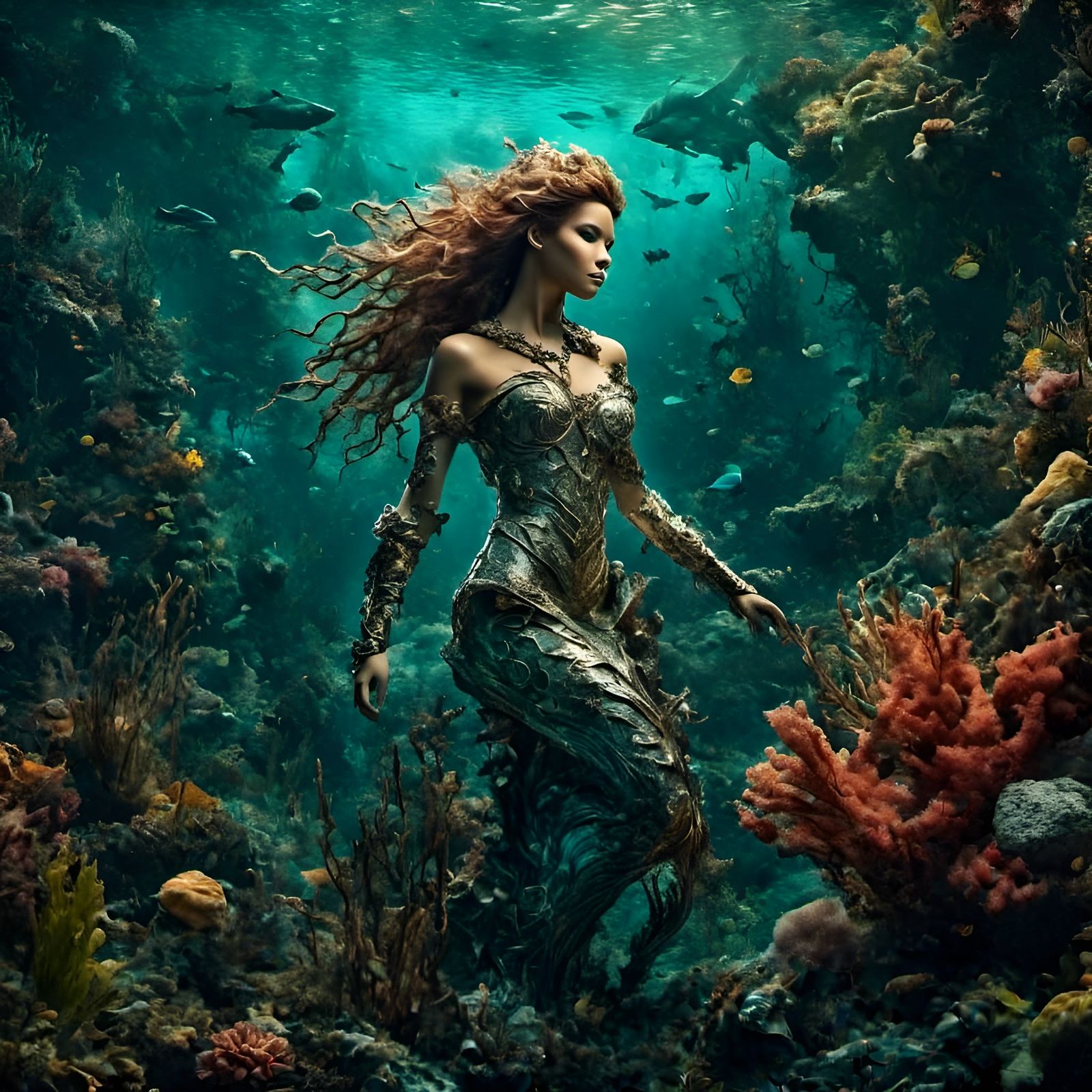 Armored Biomechanical Mermaid in Coral Reef
