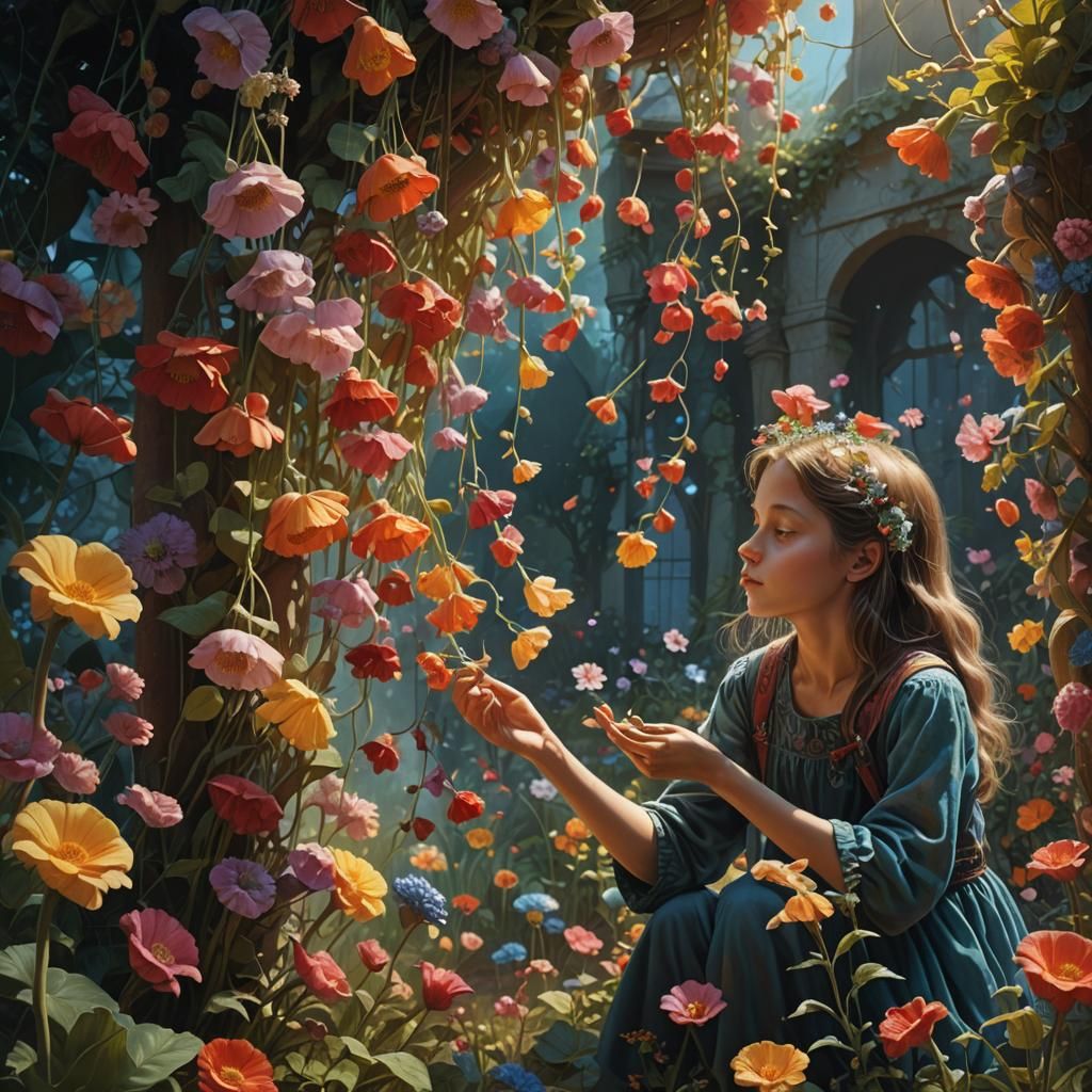 Woman with Child-Foot Flowers in Surreal Garden