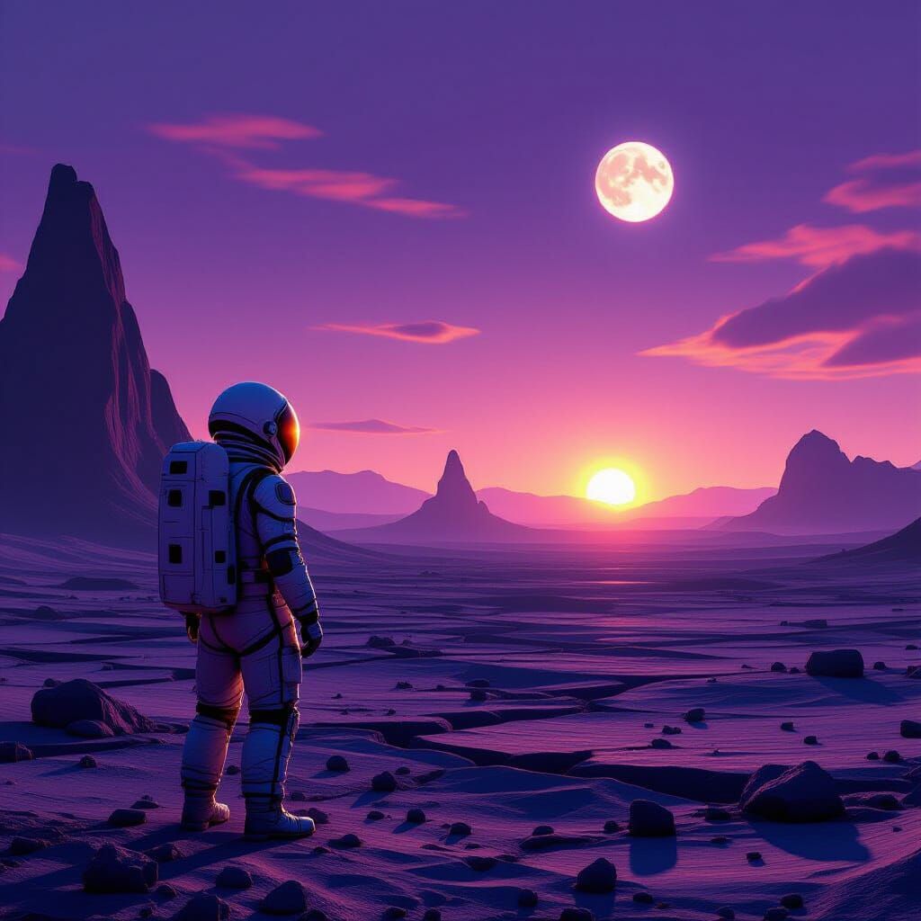 Astronaut Gazes at Binary Sunset on Alien Planet