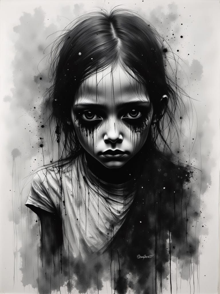 Monochromatic Ink Drawing of Starving Rohingya Child
