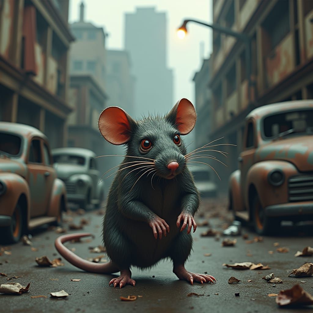 Dystopian Rat in Grungy Post-Apocalyptic Cityscape